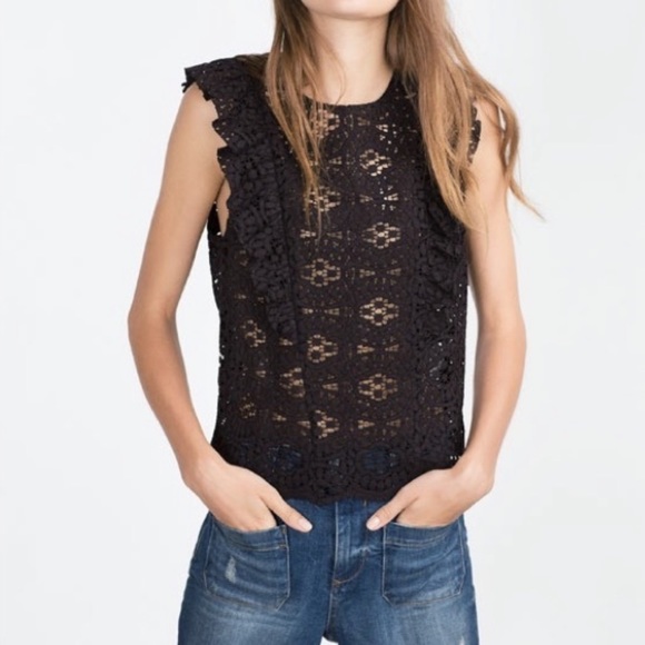 Zara Tops - Zara black lace ruffle top sleeveless medium